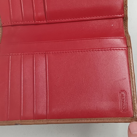 Coach Signature Jacquard & Leather Tri Fold Wallet Tan w/Red Interior - Picture 5 of 13
